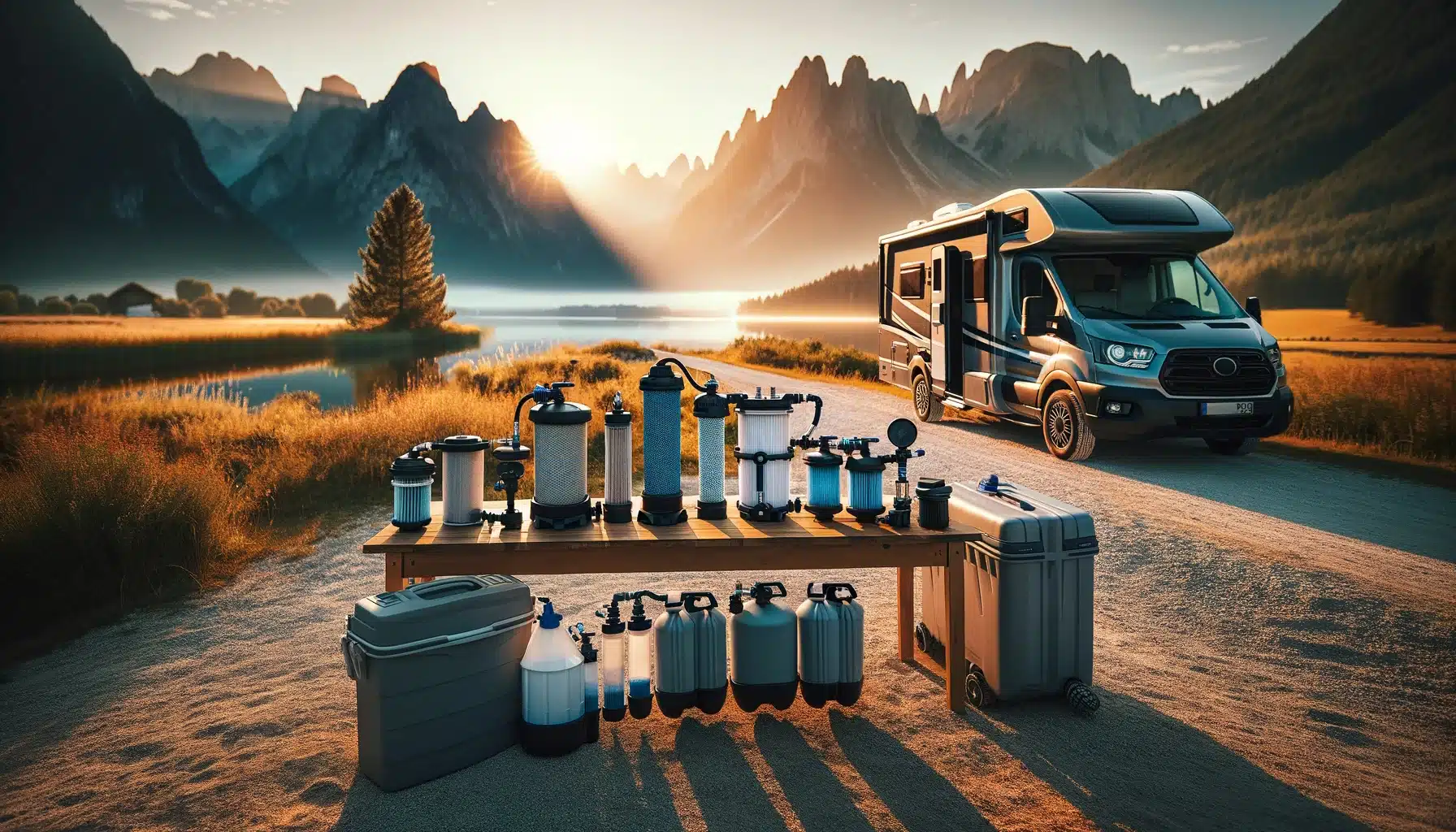 Camping-car et équipements en nature au lever du soleil.