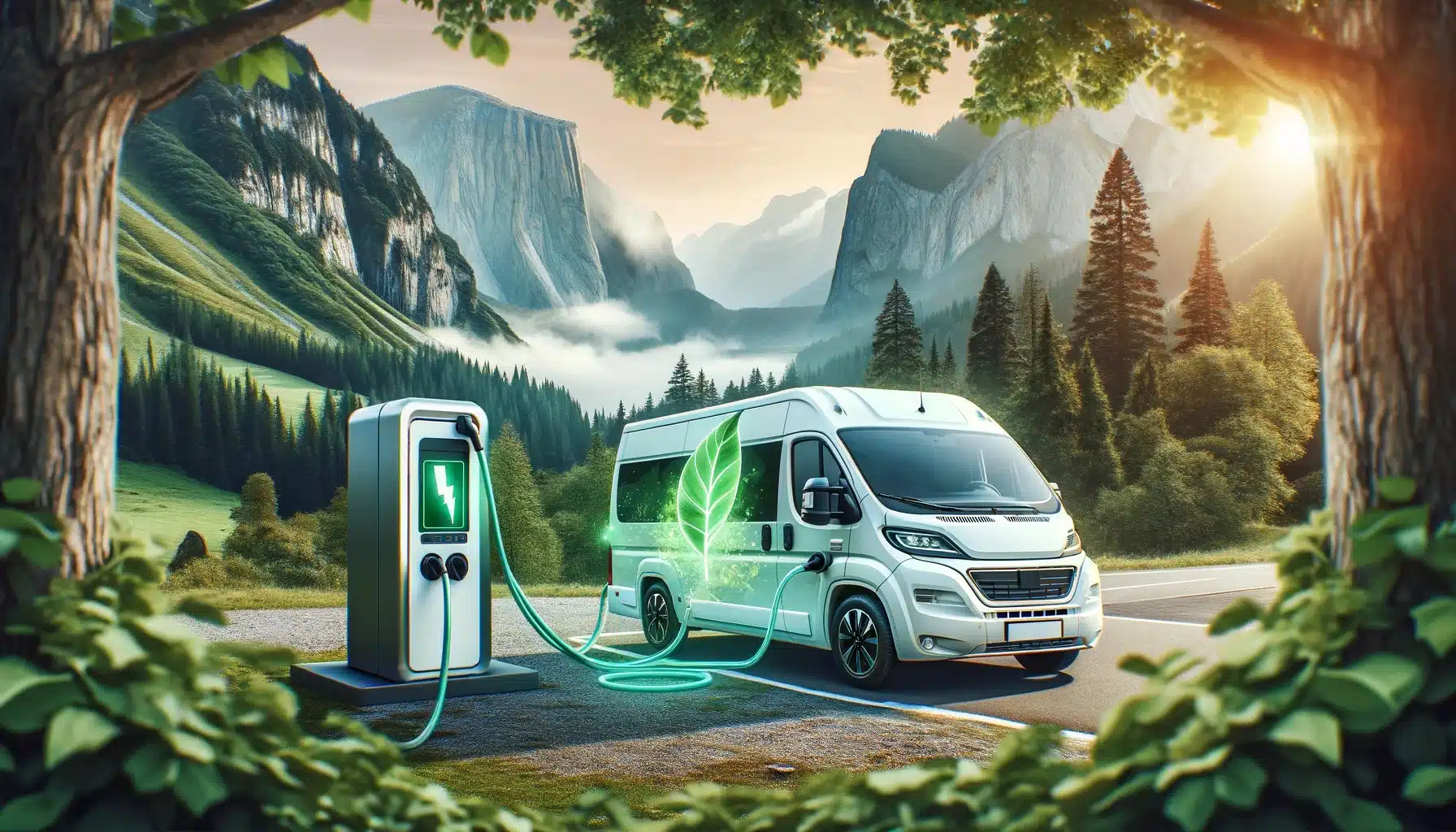 Camping-car électrique rechargeable dans la nature.