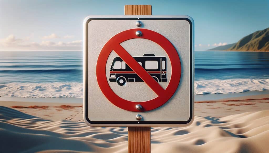Panneau interdiction bus sur plage sableuse.
