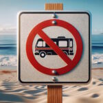 Panneau interdiction bus sur plage sableuse.