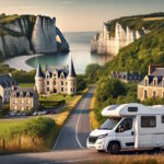 Camping-car passant près du château et falaises en France.
