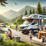 Camping familial en montagne avec camping-car et tente.