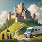 Château médiéval sur colline avec caravan et personnages