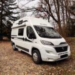 Camping-car blanc en forêt automnale