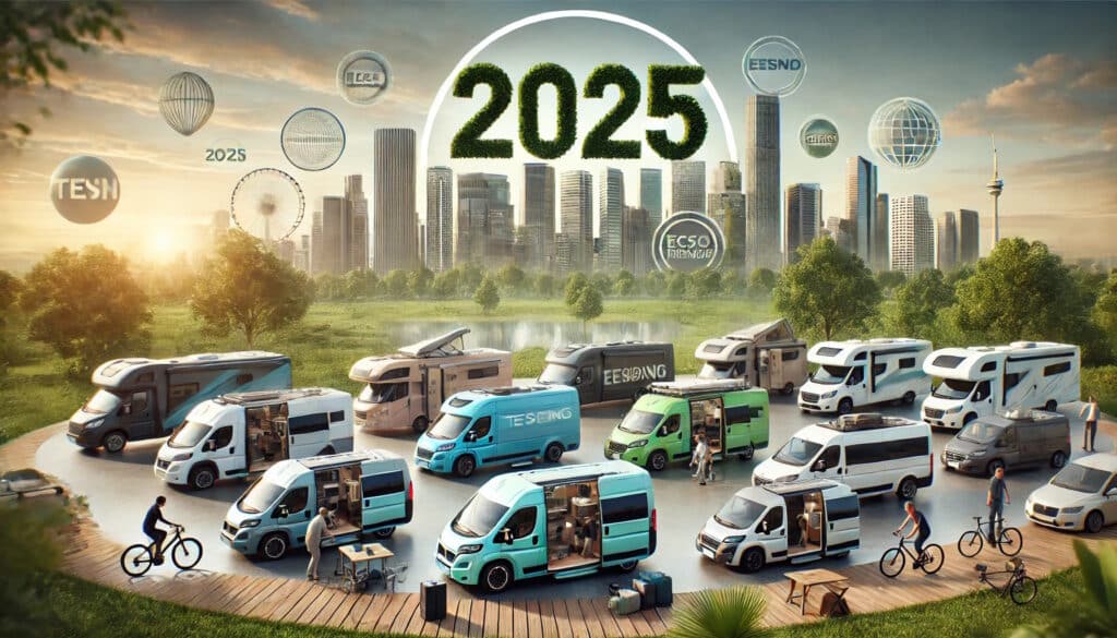 Parc de camping-cars futuristes dans ville éco-responsable 2025